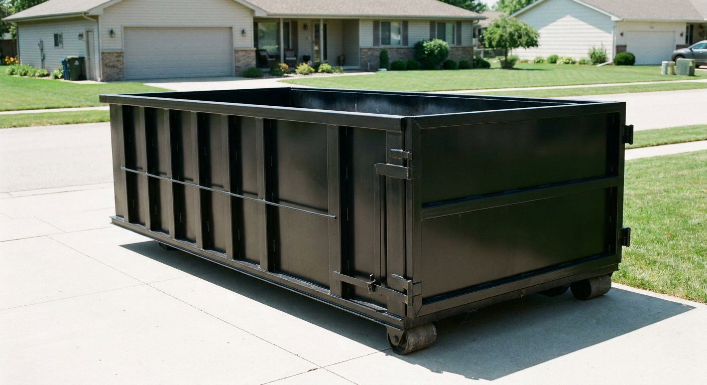 Matte-black 10-yard roll-off dumpster on a residential concrete driveway in Titusville, uniformly painted matte black across every panel and rail, ribbed steel sidewalls and rear swing door visible, mid-day daylight.
