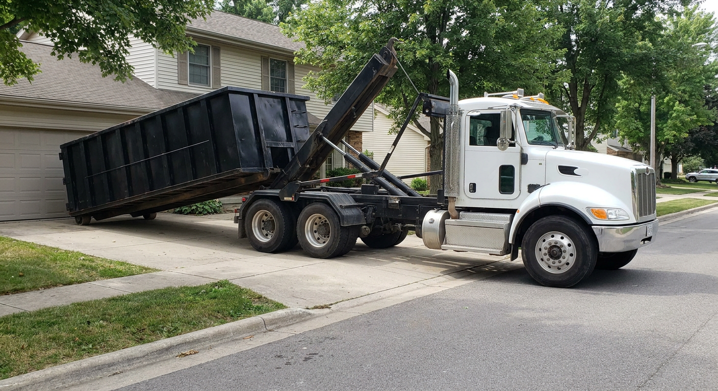 White-cab hooklift roll-off truck actively lowering a matte-black dumpster onto a Titusville residential concrete driveway, the dumpster's rear wheels touching the driveway as the hoist arm tilts the bed forward, mid-morning daylight.