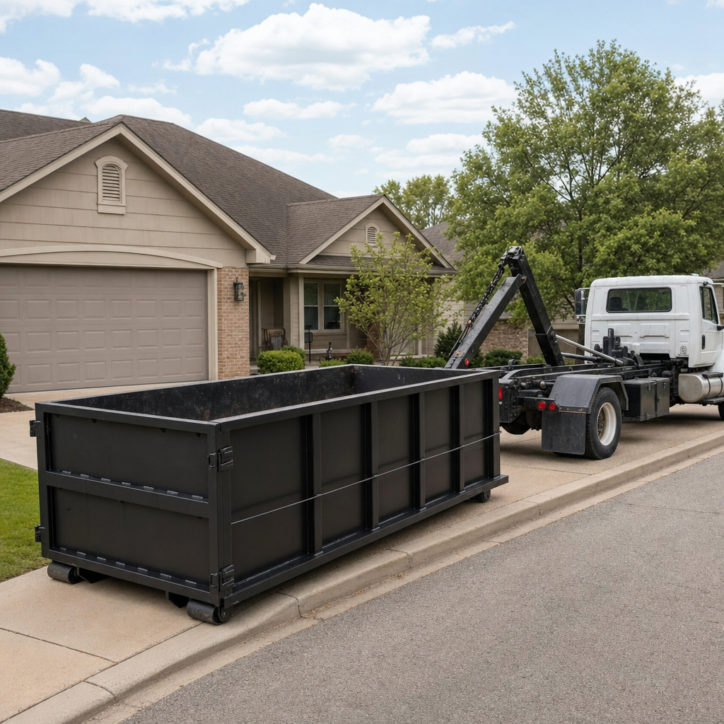Wide documentary shot of a matte-black roll-off dumpster on a Titusville residential driveway in the foreground and a contractor jobsite container in the soft-focus background, bright daylight, calm and orderly composition.